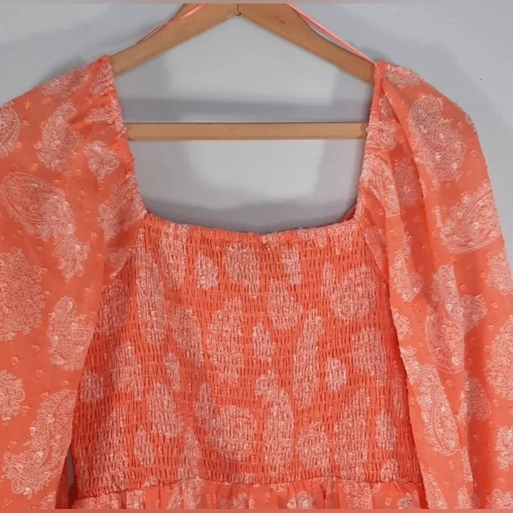 Skies Are Blue Tiered Smocked Bodice Babydoll A-Line Mini Dress SZ M Coral - Picture 12 of 12